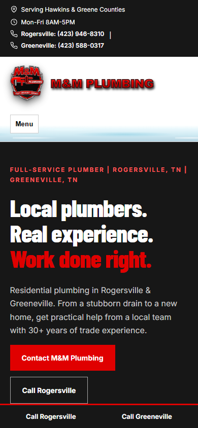 Greeneville Plumber (M&M Plumbing) homepage, mobile view