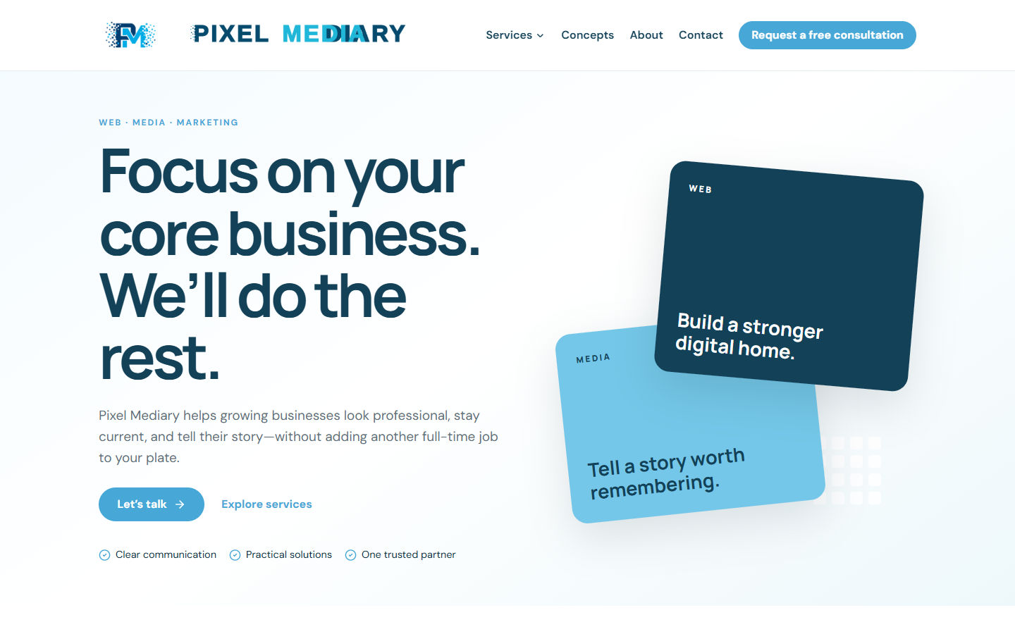 Pixel Mediary homepage, desktop view