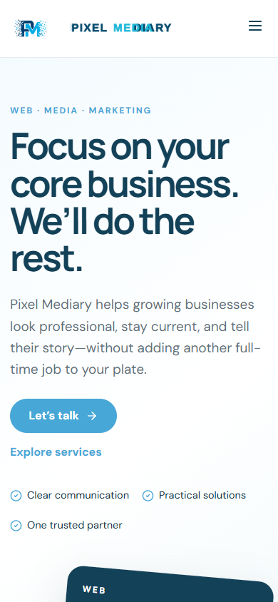 Pixel Mediary homepage, mobile view