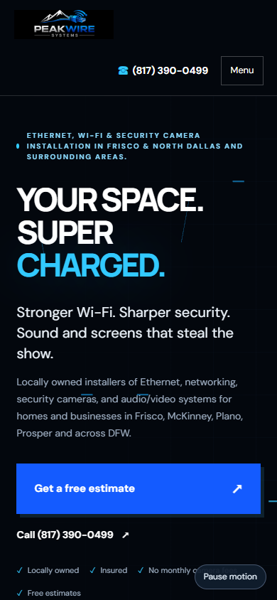 PeakWire Systems homepage, mobile view